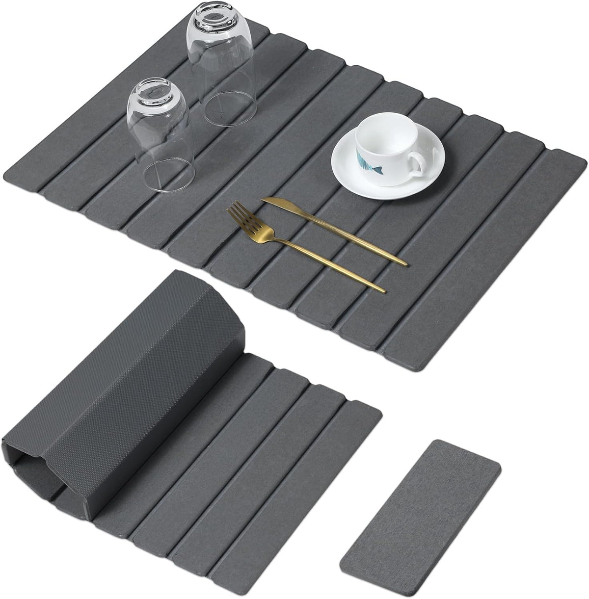 Large Stone Dish Drying Mat for Kitchen Counter, Quick Dry Stone Dishes/Bath Mats,Foldable Water Absorbing Diatomaceous Earth Drying Organizer Pad for Plate Rack Bottles Utensils(Dark Gray 24"×16")