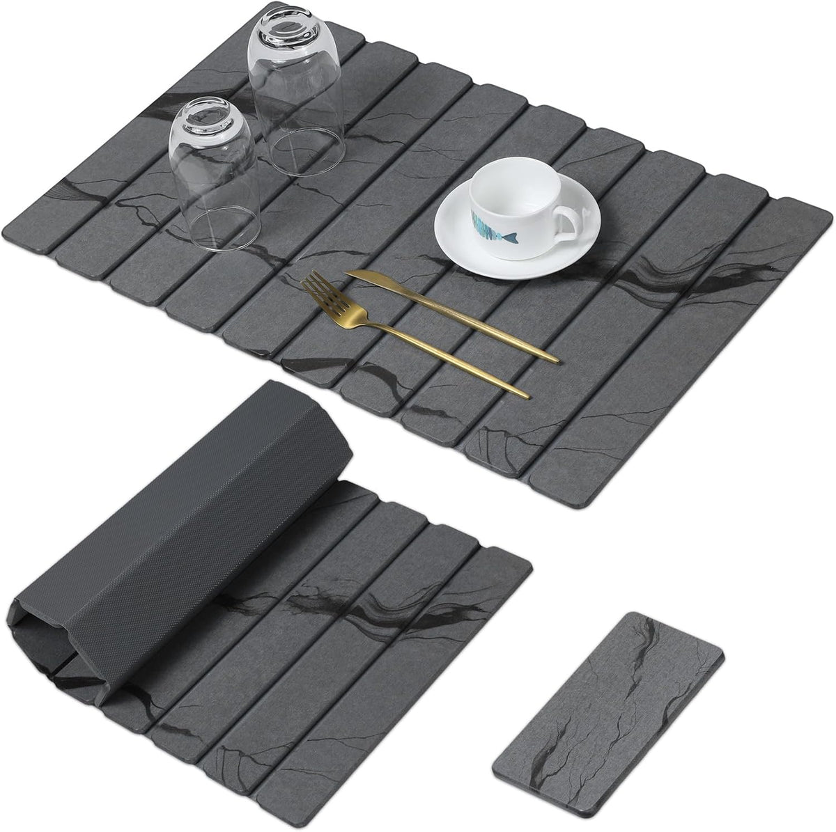Large Stone Dish Drying Mat for Kitchen Counter, Quick Dry Stone Dishes/Bath Mats,Foldable Water Absorbing Diatomaceous Earth Drying Organizer Pad for Plate Rack Bottles Utensils(Dark Gray 24"×16")